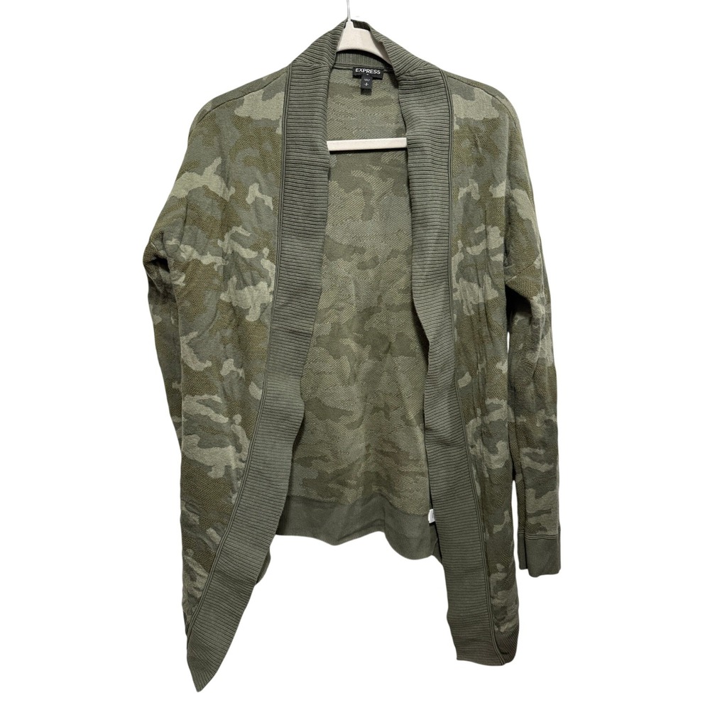 Express Womens S Camouflage Open Front Cardigan Green‎ Cotton Knit Sweater Camo